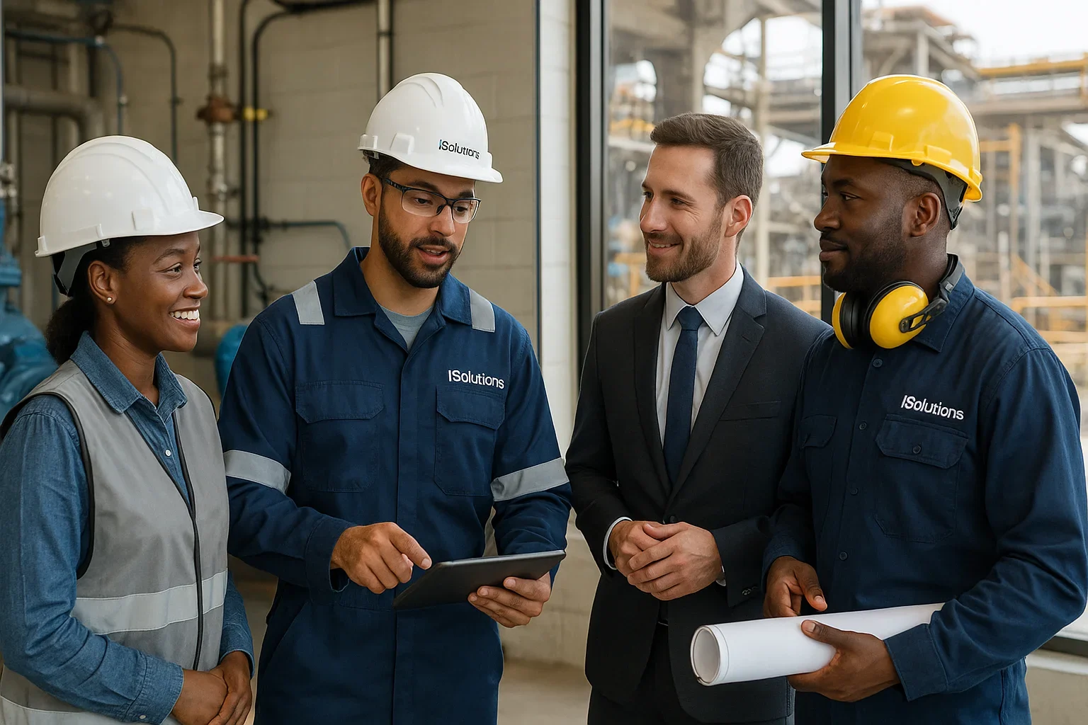 Diverse iSolutions engineering team consulting with a client at a modern industrial site in the DRC, showing branded PPE, technical discussion, and mining equipment in the background.