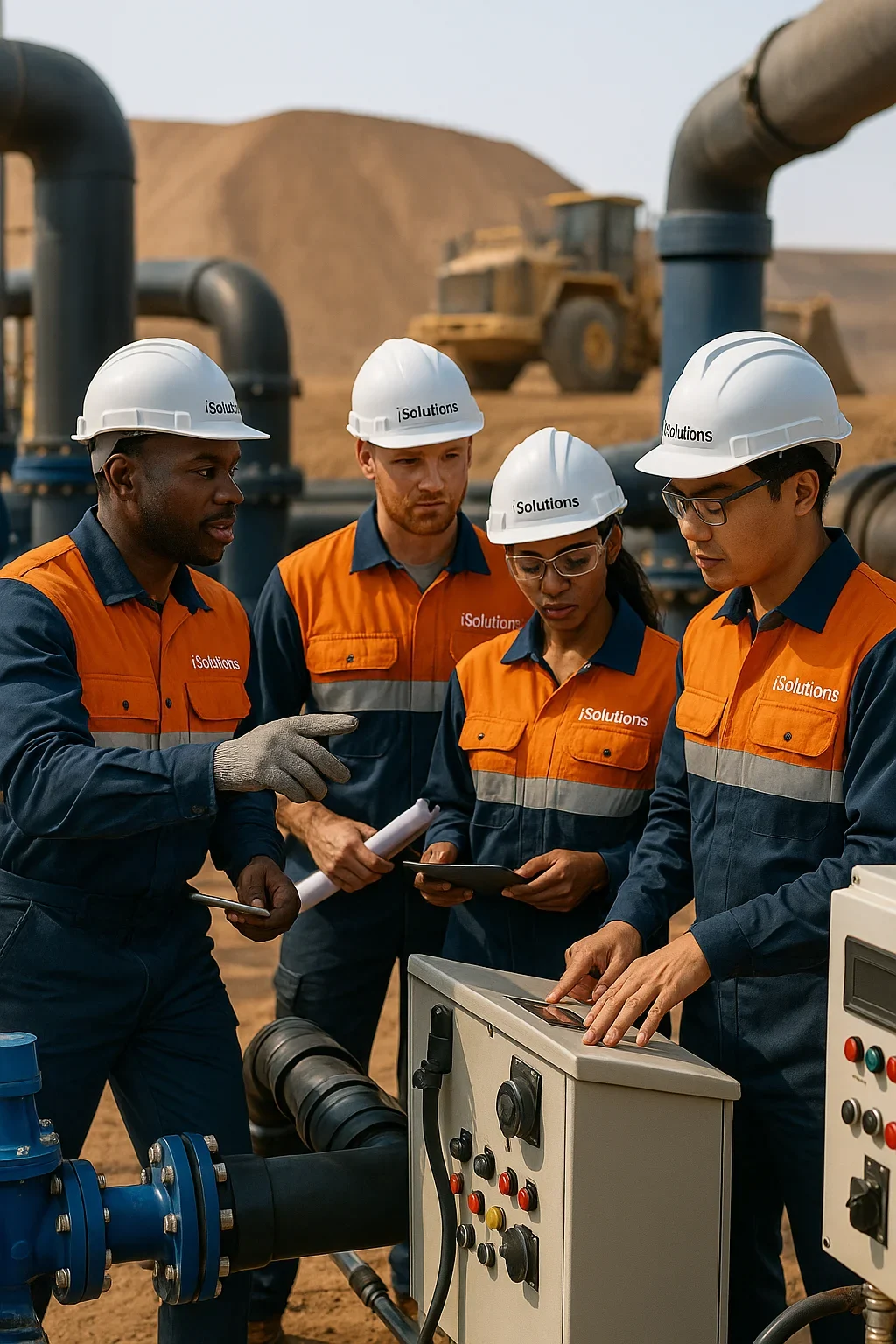 Diverse team of iSolutions engineers reviewing equipment controls at a mining site, wearing branded PPE and inspecting industrial pumps and piping systems under natural daylight.