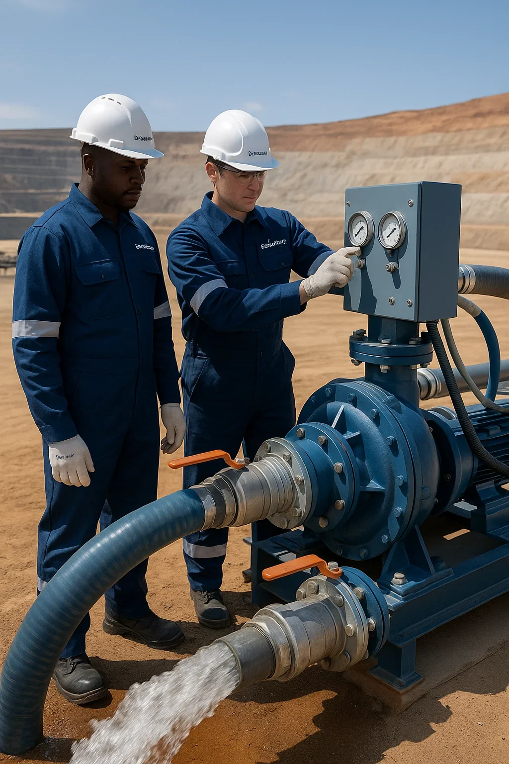 Two field engineers operating a high-capacity dewatering pump with pressure gauges and discharge flow at an open-pit mining site under daylight.