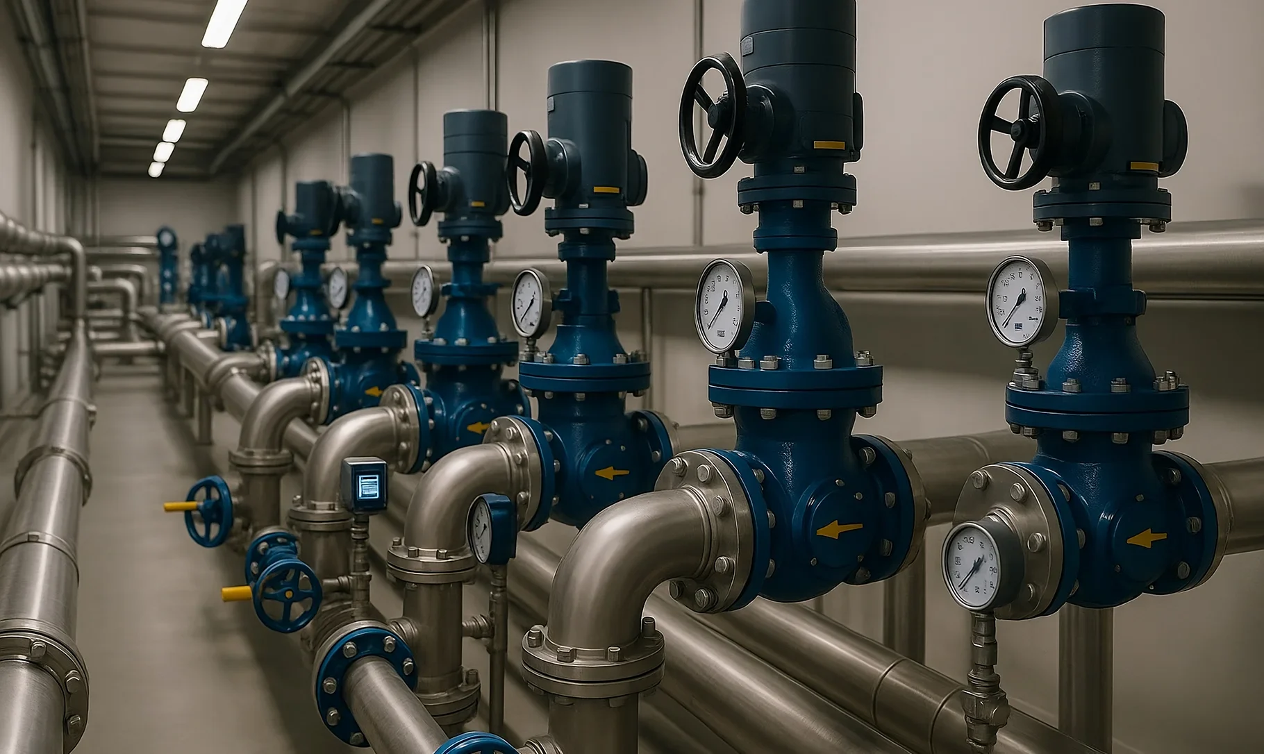 Multiple industrial valves and actuators installed on stainless-steel pipelines in a modern flow control system, showing precision engineering and digital pressure monitoring.