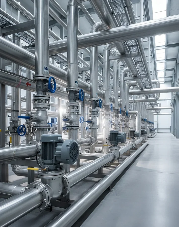 Wide-angle view of a sophisticated industrial fluid control network with stainless steel pipelines, gate and butterfly valves, and automated actuators in a processing plant. Conveying precision and engineered reliability for mining and infrastructure sectors.